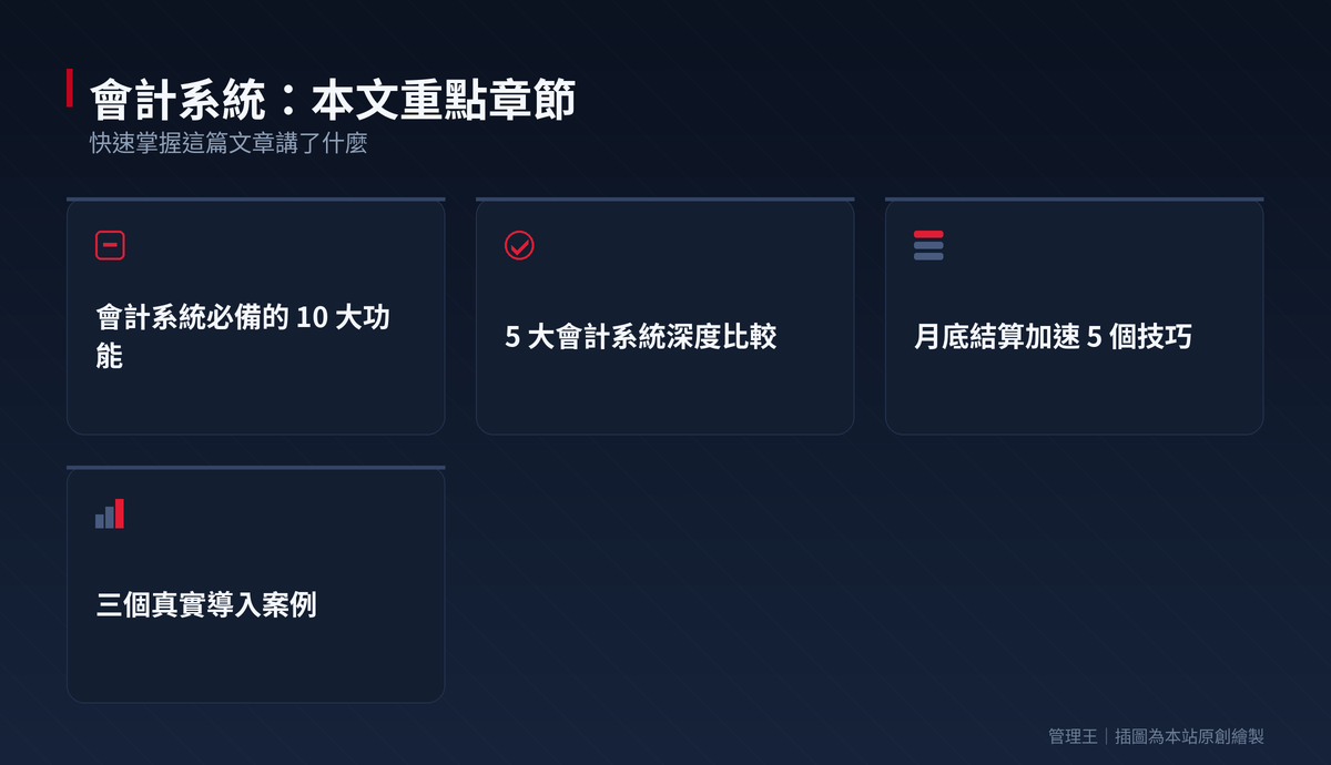 會計系統怎麼選？2026 台灣中小企業實戰指南（鼎新、用友、QuickBooks、Xero、管理王深度比較）：本文重點章節一覽