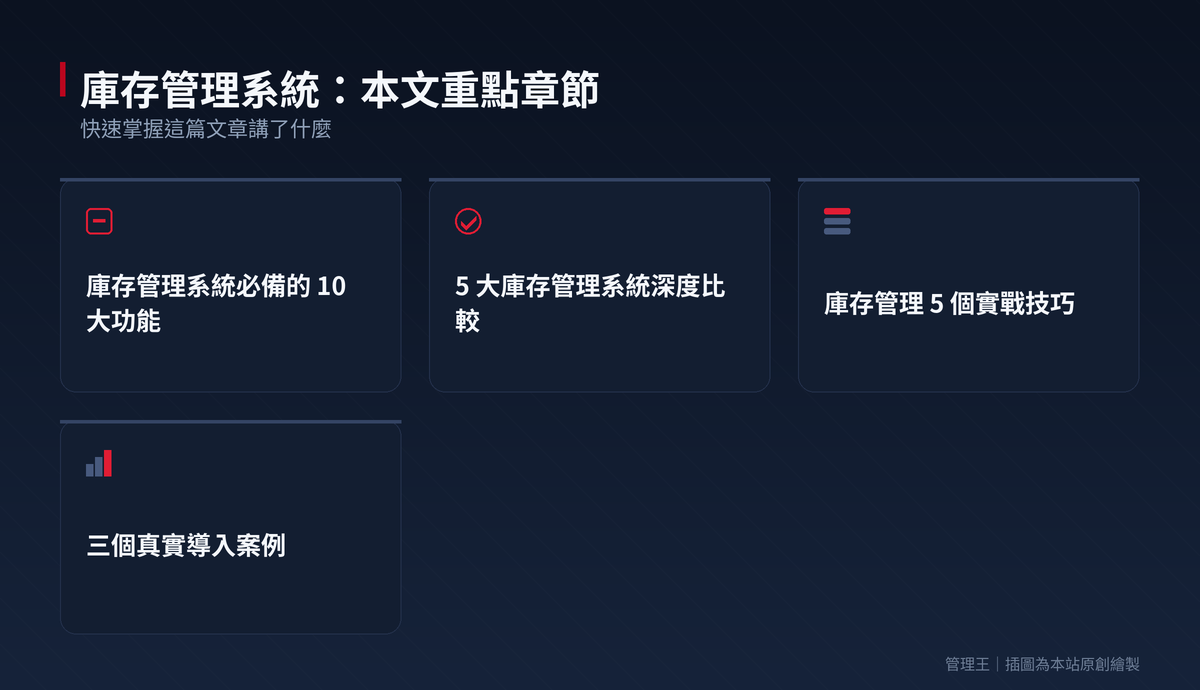 庫存管理系統怎麼選？2026 台灣零售製造實戰指南（鼎新 Workflow、SAP、Cin7、管理王深度比較）：本文重點章節一覽